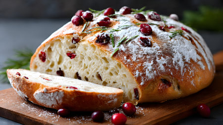 Cranberry bread with cranberries and icing sugar on dark backgroundの素材