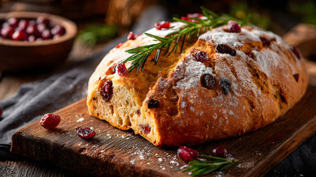 Panettone with cranberries and rosemary on a wooden boardの素材