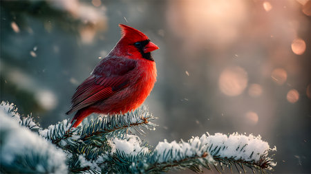 Male Northern Cardinal (cardinalis cardinalis) perched on a pine branch in winter.の素材