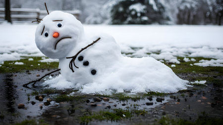 Funny snowman on the ground in the park in winter.の素材