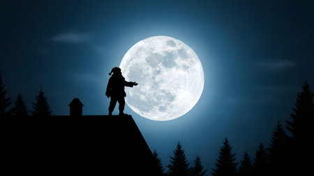 Silhouette of man with gun on roof against full moon backgroundの素材