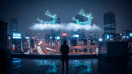 Man in city at night with bright lights and deer. Mixed mediaの素材
