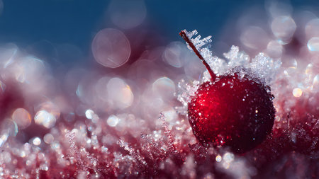 Red cherry with ice crystals on bokeh background, closeupの素材