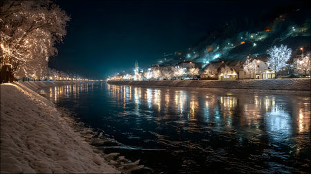 Night view of the embankment of the Moselle river in the city of Moselle, Germanyの素材
