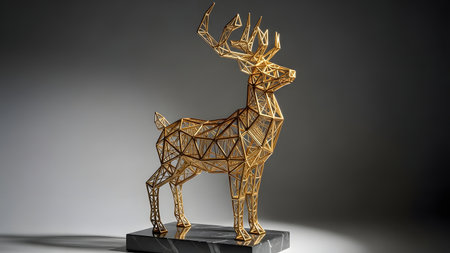 3d render of golden reindeer sculpture on grey background.の素材