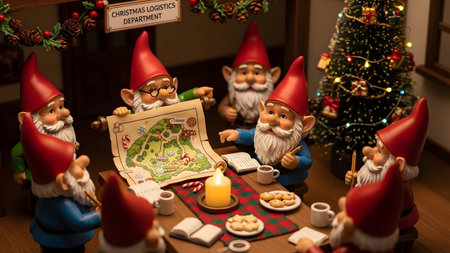 Christmas decoration with Santa Claus and gnomes on a wooden table.の素材