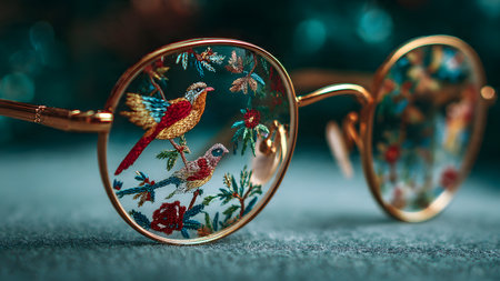 Sunglasses with a picture of a bird in the style of embroideryの素材