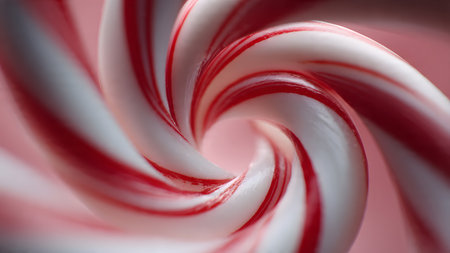 Red and white striped candy canes on a pink background closeupの素材