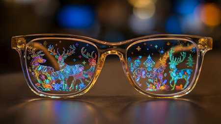 Sunglasses with reflection of reindeer and bokeh backgroundの素材