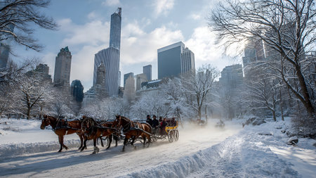 Horse drawn carriages with tourists in Central Park in winter.の素材