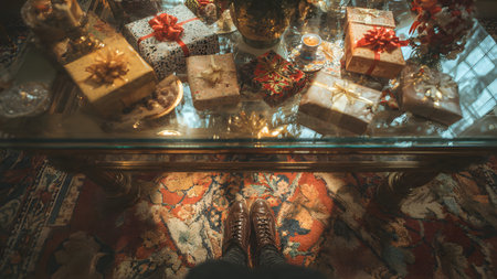 Woman sitting on a glass table with Christmas presents in the background.の素材