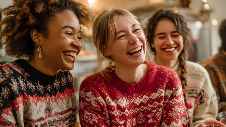 Group of young women laughing and having fun together in a cafe.の素材