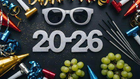 Happy new year 2016. Grapes, glasses and confetti on black backgroundの素材