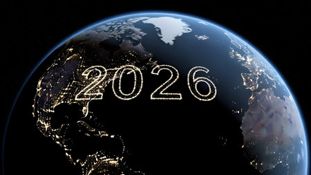 planet Earth illustration with city lights at night.の素材