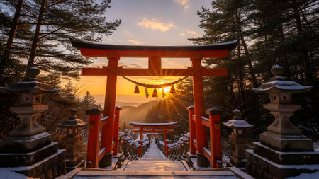The red torii gate of Shinto shrine in the morning.の素材