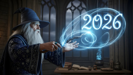 Old wizard with magic wand and new year 2016 greetings, 3D renderingの素材