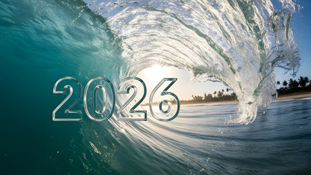 New Year 2016 is coming concept. Surfing wave in ocean.の素材