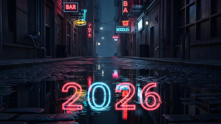 New year 2016 glowing neon sign on city street at night 3D renderingの素材