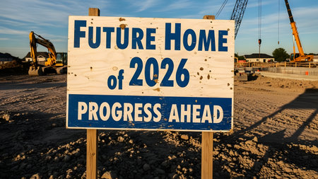 Future house project sign on a construction site with blue sky background.の素材