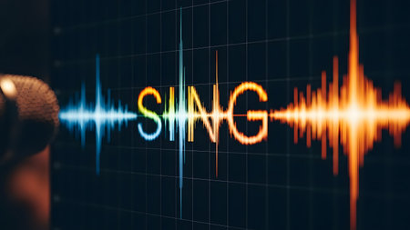 Microphone and sound wave on dark blue background, 3D renderingの素材