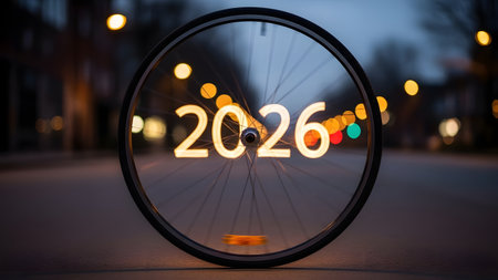 Bicycle wheel with the number 2016 in the city at night.の素材