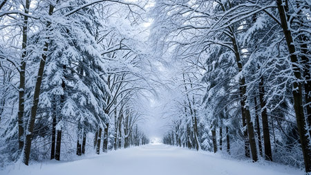Snowy road in winter forest. Winter road in winter forest.の素材