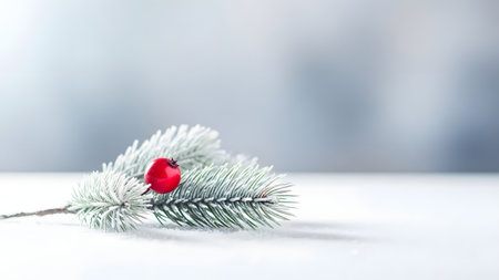 Christmas decoration with fir tree branch and red berries on bokeh backgroundの素材
