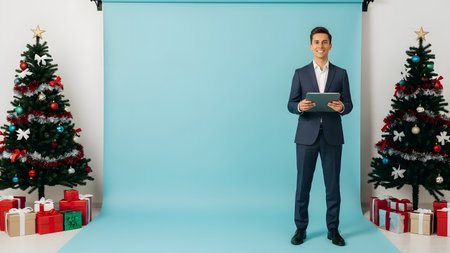 Handsome young businessman using tablet computer in the room with christmas treeの素材