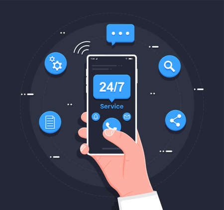 Customer service. 24-7 service concept or call center in flat illustration. A man with a phone in his hands calls the round-the-clock customer service. Vector flat style illustration.のイラスト素材