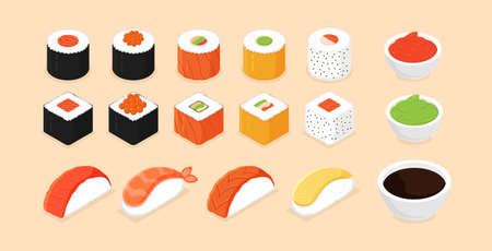 Sushi set. Isometric sushi icons on white background. Rolls with caviar of red fish, with salmon. Sushi nigiri with shrimp.Traditional japanese food. Vector illustration.のイラスト素材