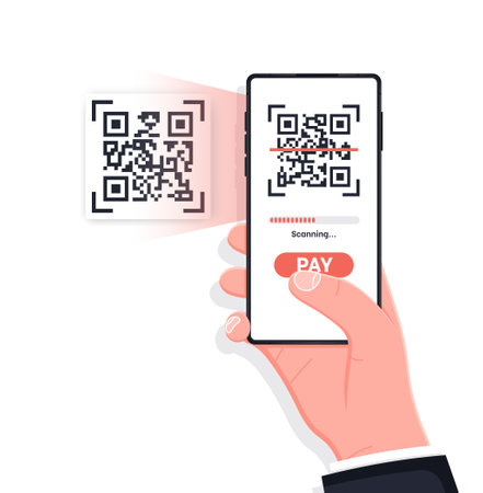Scanning QR code with mobile smart phone. Isolated on white background. Qr code payment, E wallet, cashless technology concept. Capture QR code to mobile phone. Vector illustration.のイラスト素材