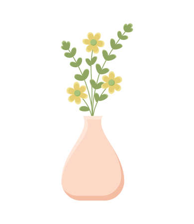 Botancal illustration with leaves and plant. Beautiful flower vase with colorful flower vector flat icon. Colorful flower in vase isolated flat icon on white background. Vector illustrationのイラスト素材