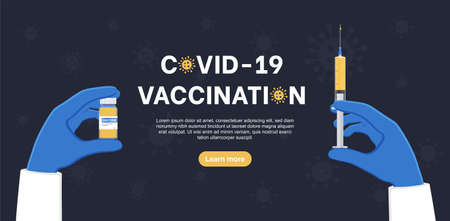 Coronavirus vaccine. Hands holding vaccine and syringe for coronavirus injection. Flat style banner of vaccine against crown virus. Vector illustration.のイラスト素材