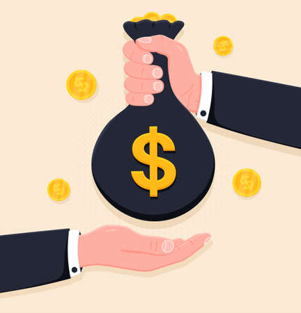 Human hand giving money bag to another person payment banking. Illustration in flat design style. Finance business concept for presentation, banner, poster, booklet, website etc. Vector illustration.のイラスト素材