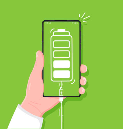 Low battery life of mobile phone. Battery icon on green background smartphone. Illustration premium quality isolated on green background. Vector illustration in flat style.のイラスト素材