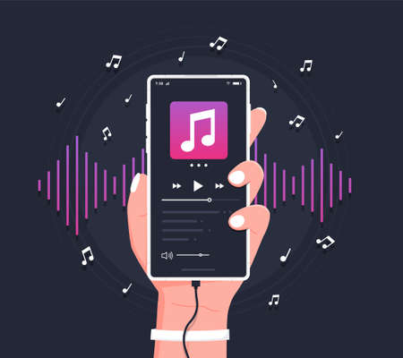 Media player app. Hand holding modern phone playing audio or radio. Smartphone music player user interface concept. Flat style vector illustration.のイラスト素材