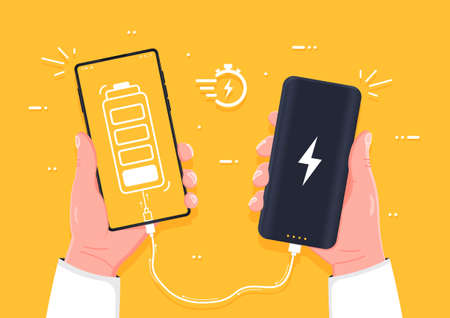 Charging the device. Human hand holding smartphone charging connect to power bank, conceptual. Flat style vector illustration.のイラスト素材