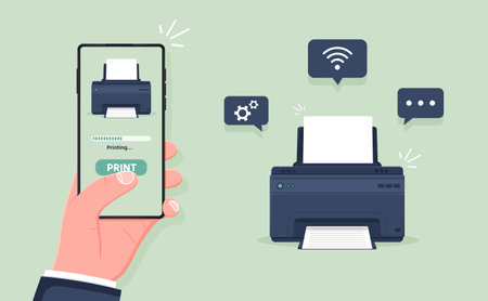 Mobile wireless print. Printer wirelessly printing document from smartphone. Air print on fax or ink...