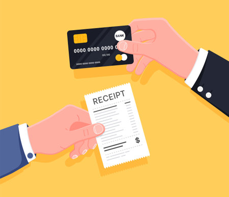 Hand holding receipt and credit card. Manual receipt holder and credit card holder hands. Cashless payments concept. Online payment accounting, email notification with receipt. Vector illustration.のイラスト素材
