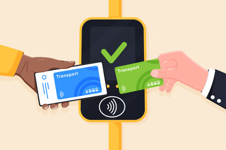 Hand holding transport card and phone near terminal. Airport, metro or bus and subway ticket...