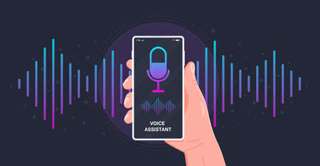 Personal assistant and voice recognition on mobile app. Concept flat vector illustration of human hand holds smartphone with microphone button on screen and voice and sound imitation waves.のイラスト素材