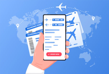 Hand with phone and mobile application for ordering tickets. Boarding pass mobile add for online...