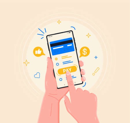 Mobile Payment for goods, services, shopping using smartphone. Online banking, pay with phone. Credit card on screen, button pay, smartphone in man hands. Shopping by phone and connected card.のイラスト素材