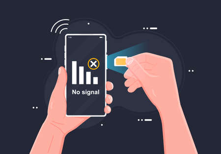 SIM card concept in vector illustration. Mobile network with microchip technology. Web banner layout template. Modern telecommunications, people using mobile Internet and telephone. Human hand insertsのイラスト素材