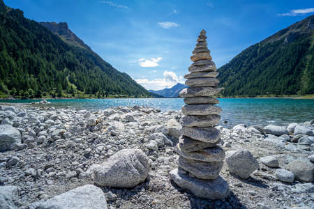 Hiking tour around the Neves Reservoir in South Tyrol Dolomites Italyの写真素材