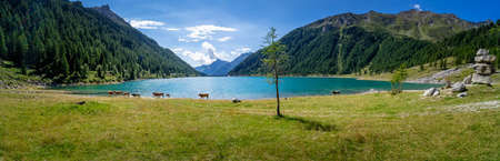 Hiking tour around the Neves Reservoir in South Tyrol Dolomites Italyの写真素材