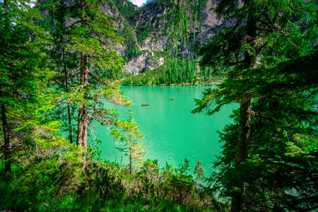 Hiking around Lago di Braise South Tyrol Dolomites Italyの写真素材