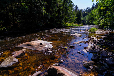 Hiking along the Ilz River between Schrottenbaum Mill and Fuersteneck in the Bavarian Forests. Bavaria. Germany.の写真素材