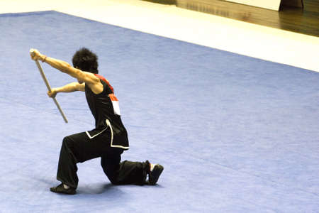 Chinese martial arts exponent in a Wushu competition.の写真素材