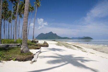 Image of remote Malaysian tropical islands with deep blue skies, crystal clear waters and coconut trees.の写真素材